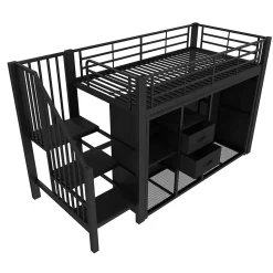 Lit Mezzanine 90x200 cm, Lit Enfant Simple avec LED et 2 Tiroirs, Armoire Ouverte, Métal MDF, Sans Matelas, Noir