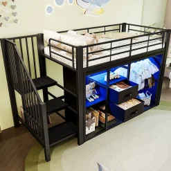 Lit Mezzanine 90x200 cm, Lit Enfant Simple avec LED et 2 Tiroirs, Armoire Ouverte, Métal MDF, Sans Matelas, Noir