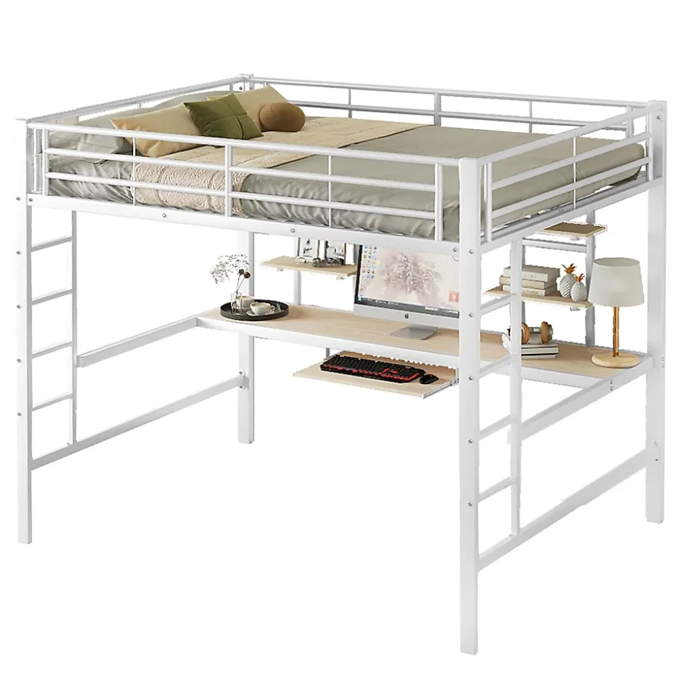 Lit mezzanine 140x200 cm, Lit enfant/ado avec bureau et 2 étagères - Métal + MDF - Sans matelas - Blanc