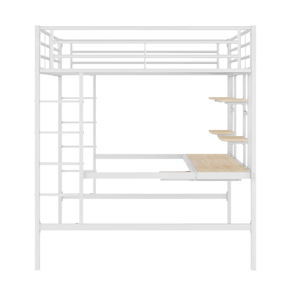 Lit mezzanine 140x200 cm, Lit enfant/ado avec bureau et 2 étagères - Métal + MDF - Sans matelas - Blanc