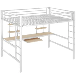 Lit mezzanine 140x200 cm, Lit enfant/ado avec bureau et 2 étagères - Métal + MDF - Sans matelas - Blanc