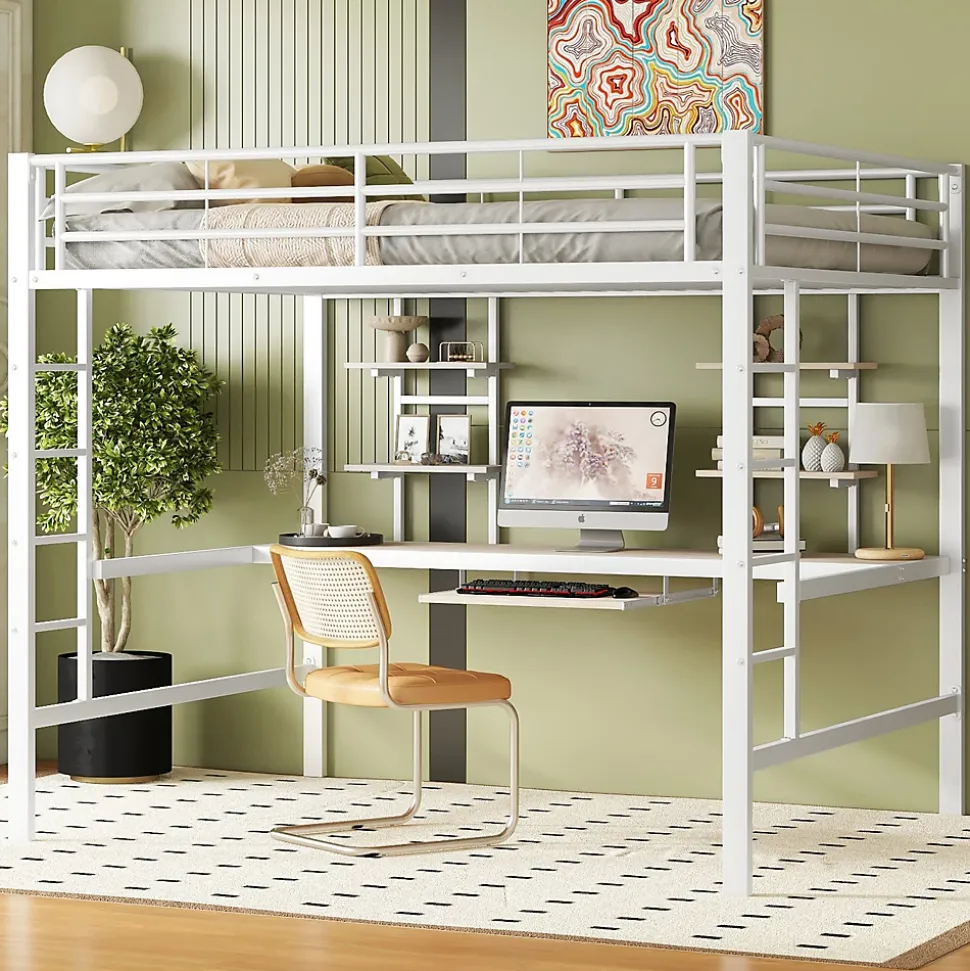 Lit mezzanine 140x200 cm, Lit enfant/ado avec bureau et 2 étagères - Métal + MDF - Sans matelas - Blanc