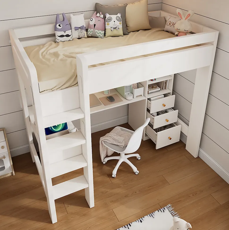 Lit mezzanine 90x200 cm, lit simple avec bureau en L, rangements et tiroirs, échelle, MDF/bois massif, blanc, sans matelas