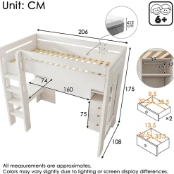 Lit mezzanine 90x200 cm, lit simple avec bureau en L, rangements et tiroirs, échelle, MDF/bois massif, blanc, sans matelas