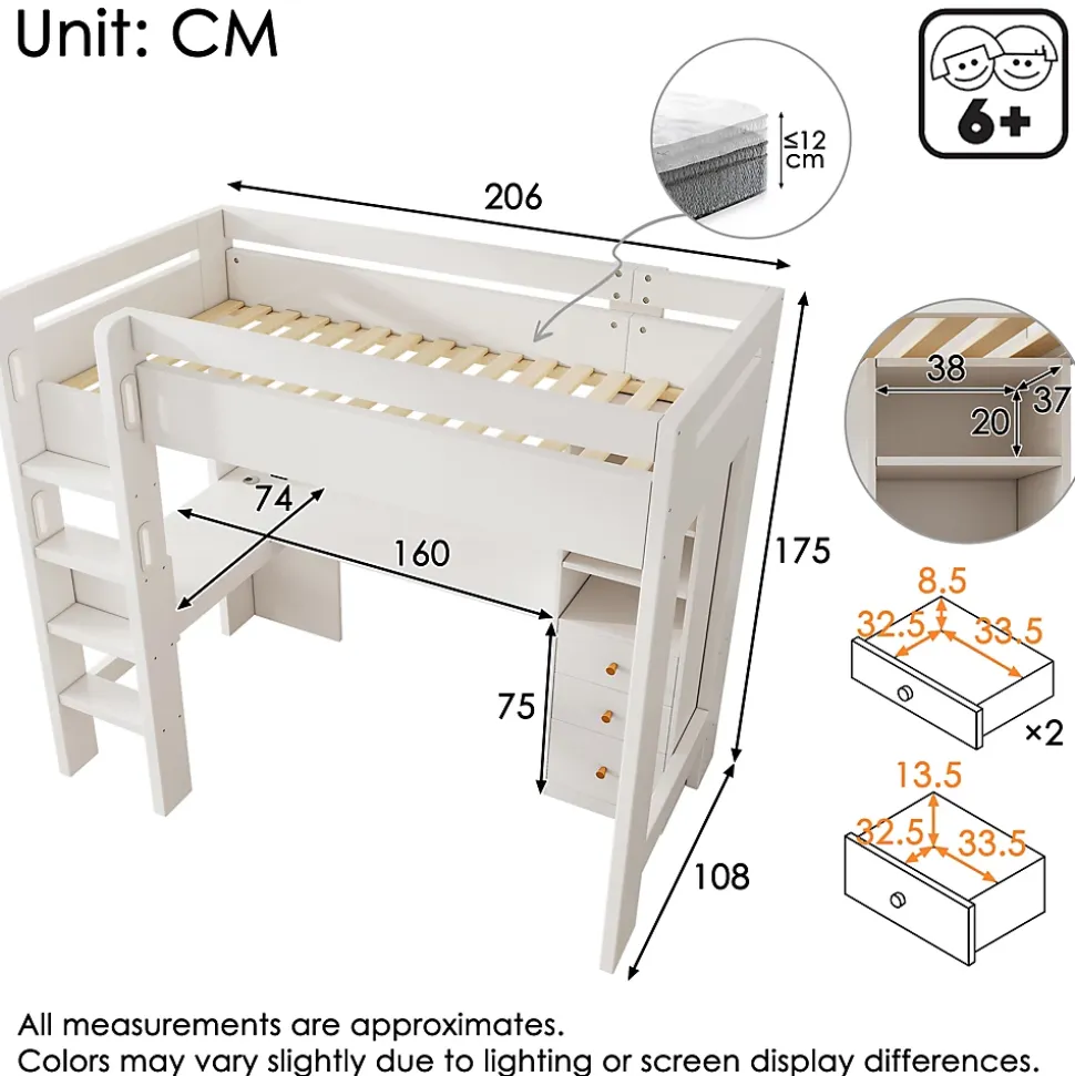 Lit mezzanine 90x200 cm, lit simple avec bureau en L, rangements et tiroirs, échelle, MDF/bois massif, blanc, sans matelas