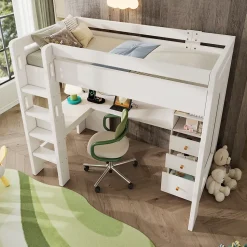 Lit mezzanine 90x200 cm, lit simple avec bureau en L, rangements et tiroirs, échelle, MDF/bois massif, blanc, sans matelas
