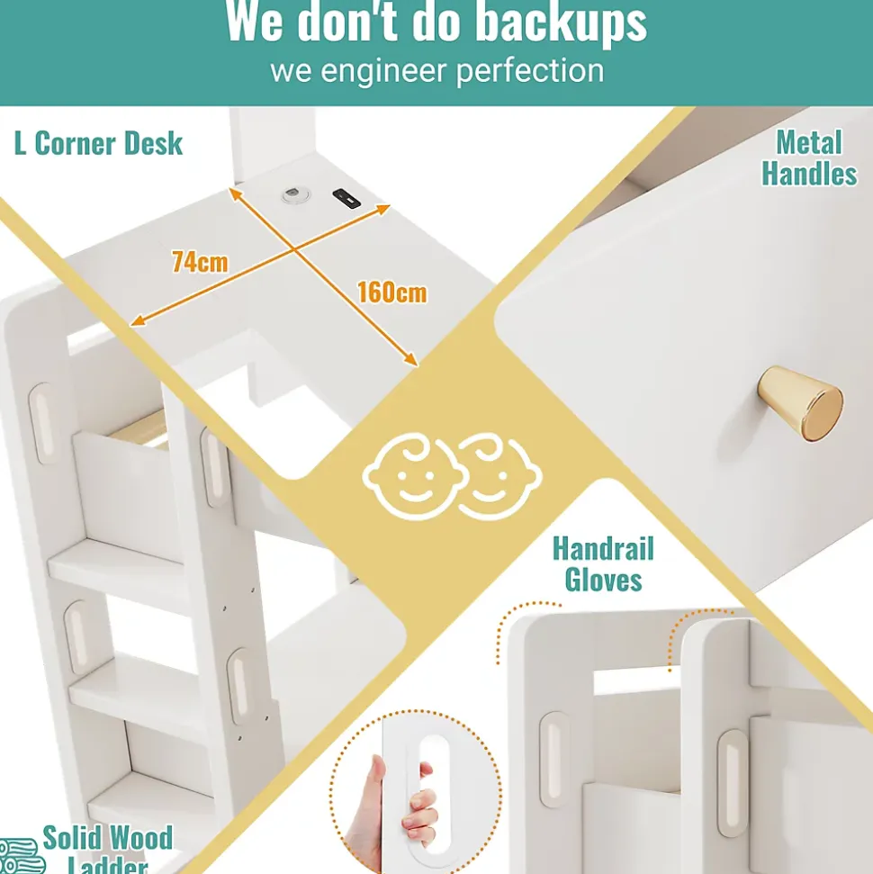 Lit mezzanine 90x200 cm, lit simple avec bureau en L, rangements et tiroirs, échelle, MDF/bois massif, blanc, sans matelas
