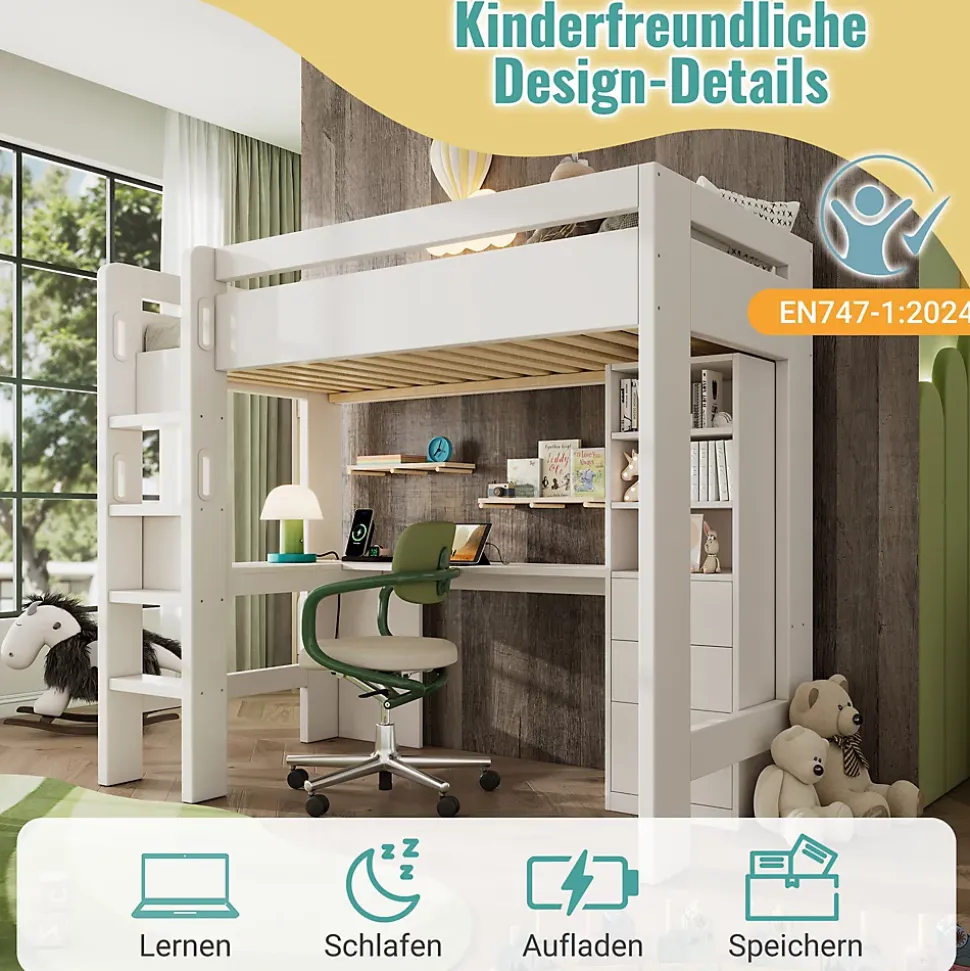 Lit mezzanine 90x200 cm, lit simple avec bureau en L, rangements et tiroirs, échelle, MDF/bois massif, blanc, sans matelas