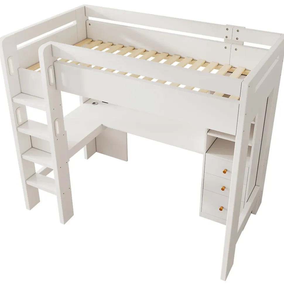 Lit mezzanine 90x200 cm, lit simple avec bureau en L, rangements et tiroirs, échelle, MDF/bois massif, blanc, sans matelas