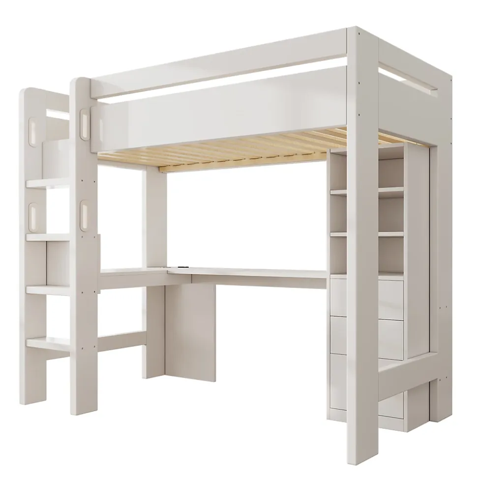 Lit mezzanine 90x200 cm, lit simple avec bureau en L, rangements et tiroirs, échelle, MDF/bois massif, blanc, sans matelas