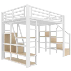 Lit Mezzanine 140x200 cm Métal Blanc avec Éclairage LED, Escalier Intégré et Garde-Corps, Lit Ado ou Adulte