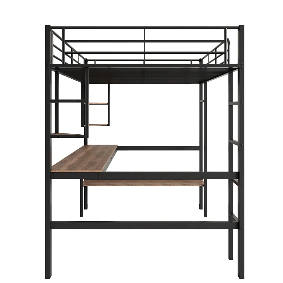Lit mezzanine 90x200 cm métal noir, surélevé avec échelle, bureau et 4 étagères d angle, pour enfants et ados