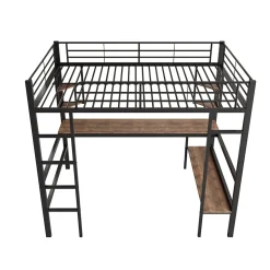 Lit mezzanine 90x200 cm métal noir, surélevé avec échelle, bureau et 4 étagères d angle, pour enfants et ados
