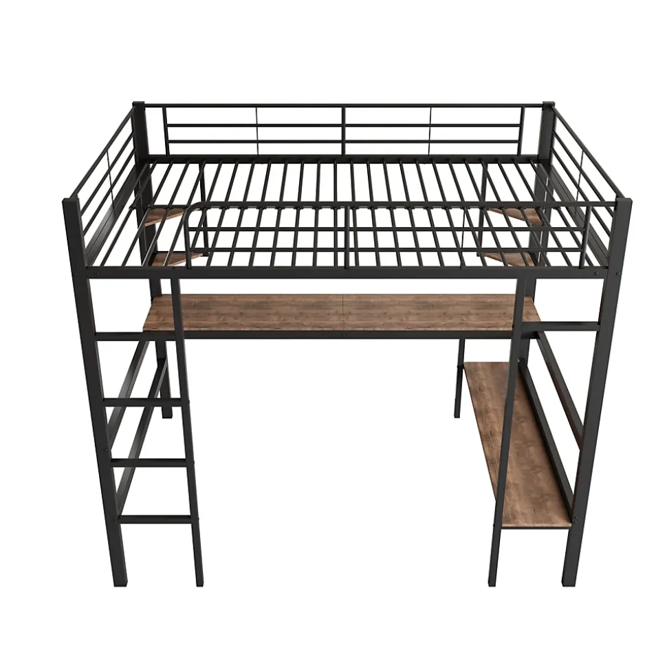 Lit mezzanine 90x200 cm métal noir, surélevé avec échelle, bureau et 4 étagères d angle, pour enfants et ados