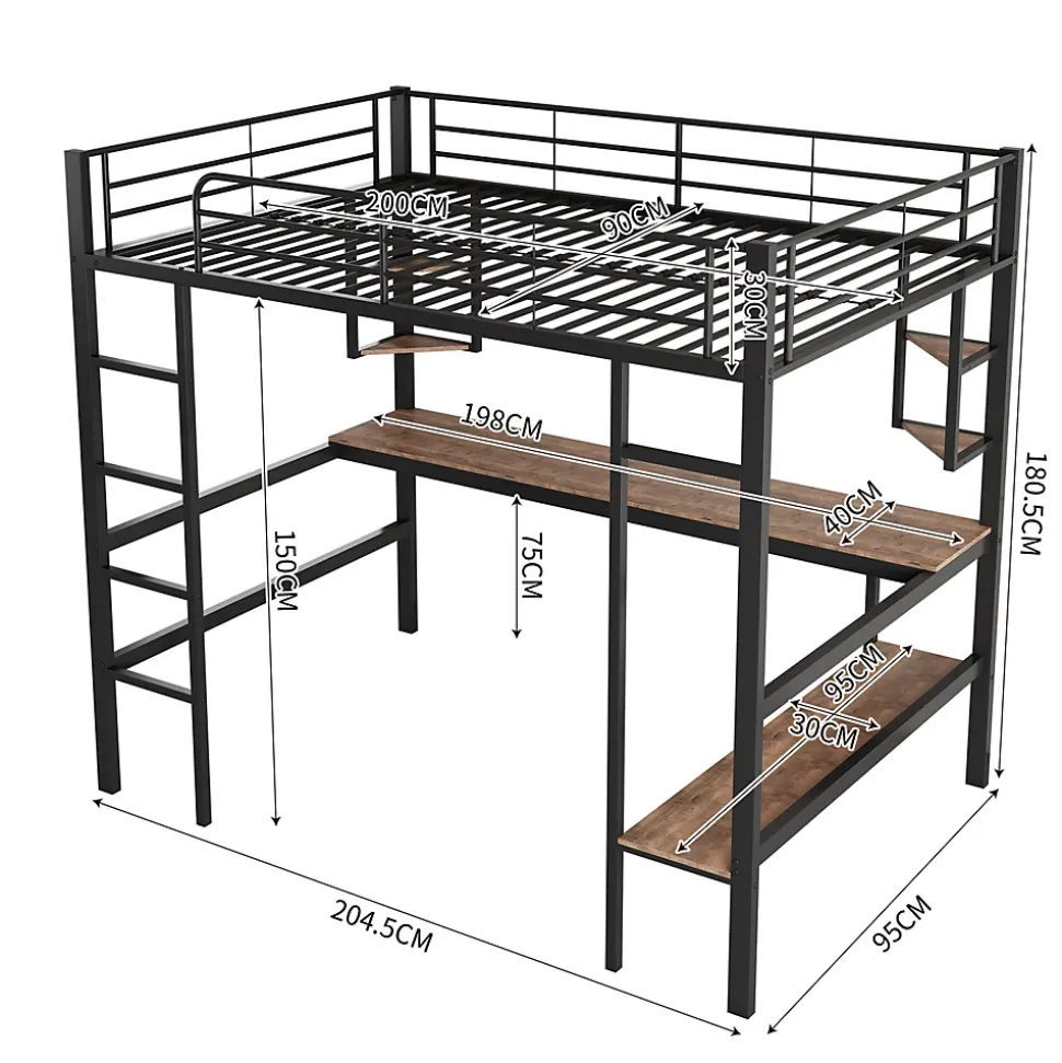 Lit mezzanine 90x200 cm métal noir, surélevé avec échelle, bureau et 4 étagères d angle, pour enfants et ados