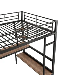 Lit mezzanine 90x200 cm métal noir, surélevé avec échelle, bureau et 4 étagères d angle, pour enfants et ados
