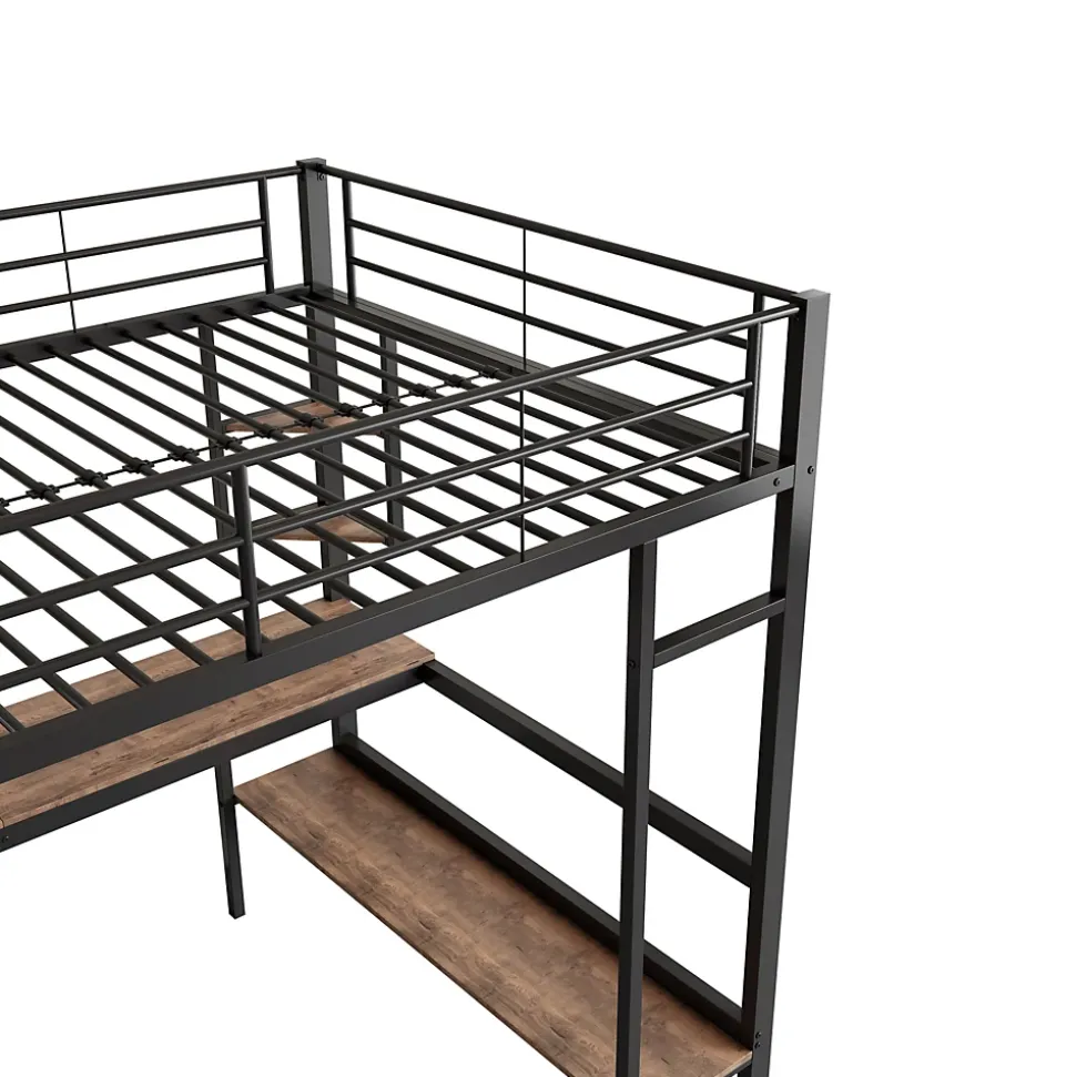 Lit mezzanine 90x200 cm métal noir, surélevé avec échelle, bureau et 4 étagères d angle, pour enfants et ados