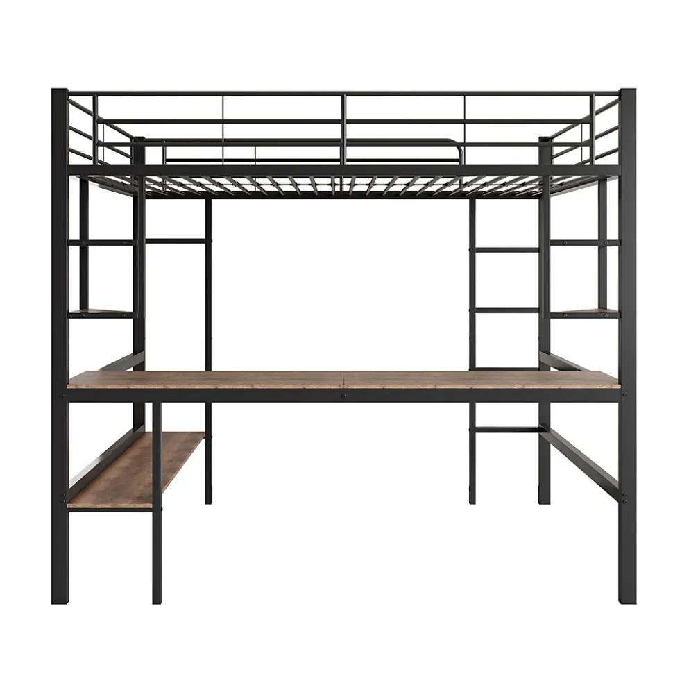 Lit mezzanine 90x200 cm métal noir, surélevé avec échelle, bureau et 4 étagères d angle, pour enfants et ados
