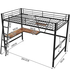 Lit mezzanine 90x200 cm métal, surélevé, échelle, bureau en L et étagère intégrée, pour enfants et adolescents, Noir