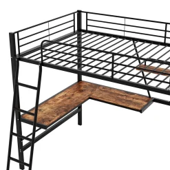 Lit mezzanine 90x200 cm métal, surélevé, échelle, bureau en L et étagère intégrée, pour enfants et adolescents, Noir
