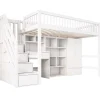 Lit mezzanine 90x200 cm multifonctionnel en bois et MDF - avec escalier de rangement, bureau et armoire - Blanc(sans matelas)
