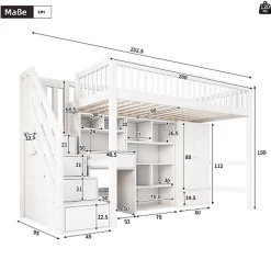 Lit mezzanine 90x200 cm multifonctionnel en bois et MDF - avec escalier de rangement, bureau et armoire - Blanc(sans matelas)