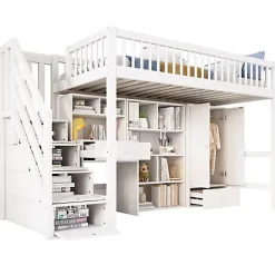 Lit mezzanine 90x200 cm multifonctionnel en bois et MDF - avec escalier de rangement, bureau et armoire - Blanc(sans matelas)