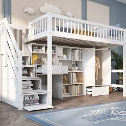 Lit mezzanine 90x200 cm multifonctionnel en bois et MDF - avec escalier de rangement, bureau et armoire - Blanc(sans matelas)