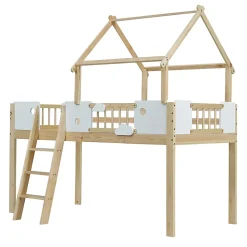 Lit mezzanine 90x200 cm simple avec échelle 3 niveaux et protection, bois pin MDF contreplaqué blanc et naturel sans matelas