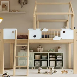 Lit mezzanine 90x200 cm simple avec échelle 3 niveaux et protection, bois pin MDF contreplaqué blanc et naturel sans matelas