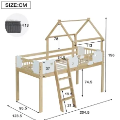 Lit mezzanine 90x200 cm simple avec échelle 3 niveaux et protection, bois pin MDF contreplaqué blanc et naturel sans matelas