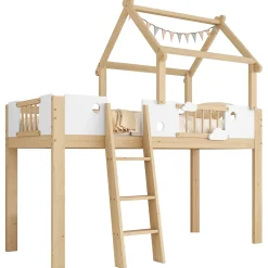 Lit mezzanine 90x200 cm simple avec échelle 3 niveaux et protection, bois pin MDF contreplaqué blanc et naturel sans matelas