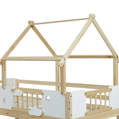 Lit mezzanine 90x200 cm simple avec échelle 3 niveaux et protection, bois pin MDF contreplaqué blanc et naturel sans matelas