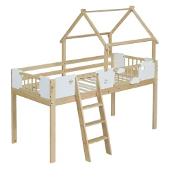 Lit mezzanine 90x200 cm simple avec échelle 3 niveaux et protection, bois pin MDF contreplaqué blanc et naturel sans matelas