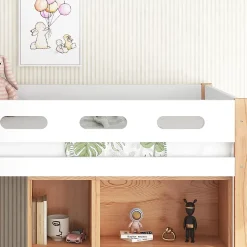 Lit mezzanine 90x200 cm simple enfant avec armoires amovibles et protection antichute, pin et MDF, naturel et blanc sans matelas