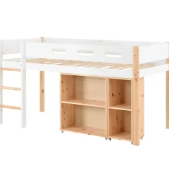 Lit mezzanine 90x200 cm simple enfant avec armoires amovibles et protection antichute, pin et MDF, naturel et blanc sans matelas