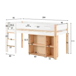 Lit mezzanine 90x200 cm simple enfant avec armoires amovibles et protection antichute, pin et MDF, naturel et blanc sans matelas