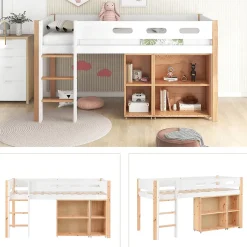 Lit mezzanine 90x200 cm simple enfant avec armoires amovibles et protection antichute, pin et MDF, naturel et blanc sans matelas
