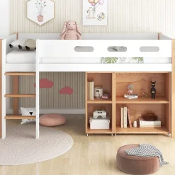 Lit mezzanine 90x200 cm simple enfant avec armoires amovibles et protection antichute, pin et MDF, naturel et blanc sans matelas