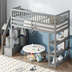 Lit mezzanine 90x200 cm simple avec rangement, escalier sécurisé, placard et étagères, bois massif et MDF gris sans matelas