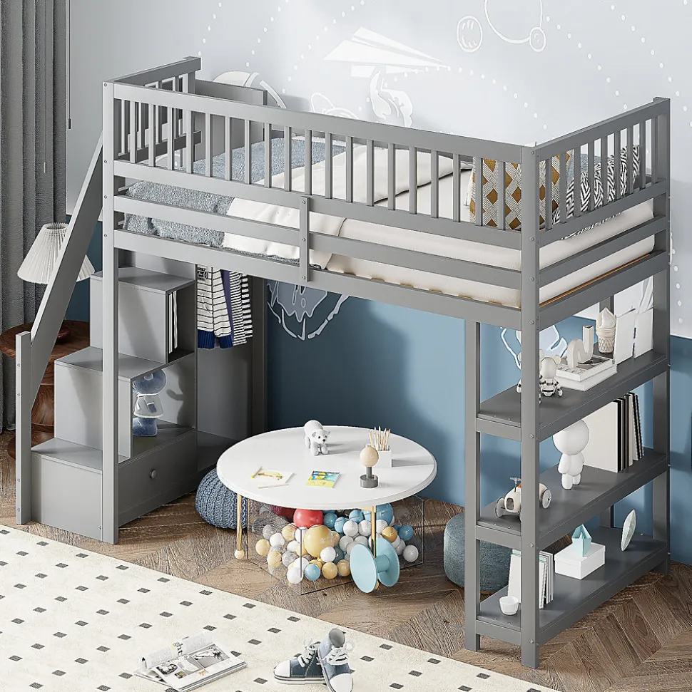 Lit mezzanine 90x200 cm simple avec rangement, escalier sécurisé, placard et étagères, bois massif et MDF gris sans matelas