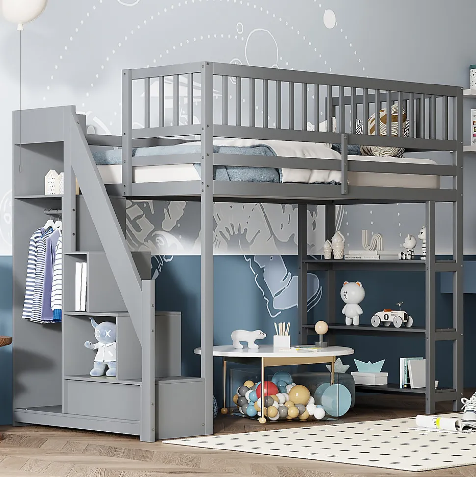 Lit mezzanine 90x200 cm simple avec rangement, escalier sécurisé, placard et étagères, bois massif et MDF gris sans matelas