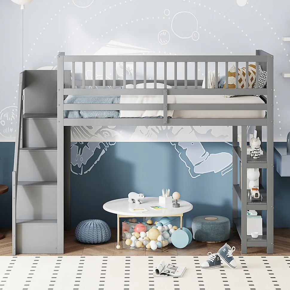 Lit mezzanine 90x200 cm simple avec rangement, escalier sécurisé, placard et étagères, bois massif et MDF gris sans matelas