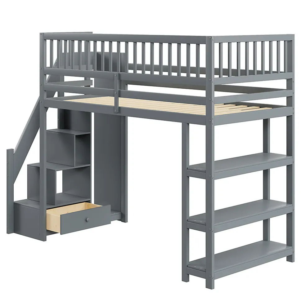 Lit mezzanine 90x200 cm simple avec rangement, escalier sécurisé, placard et étagères, bois massif et MDF gris sans matelas