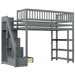 Lit mezzanine 90x200 cm simple avec rangement, escalier sécurisé, placard et étagères, bois massif et MDF gris sans matelas