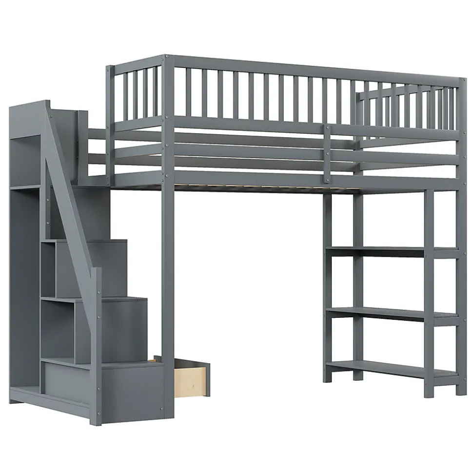Lit mezzanine 90x200 cm simple avec rangement, escalier sécurisé, placard et étagères, bois massif et MDF gris sans matelas