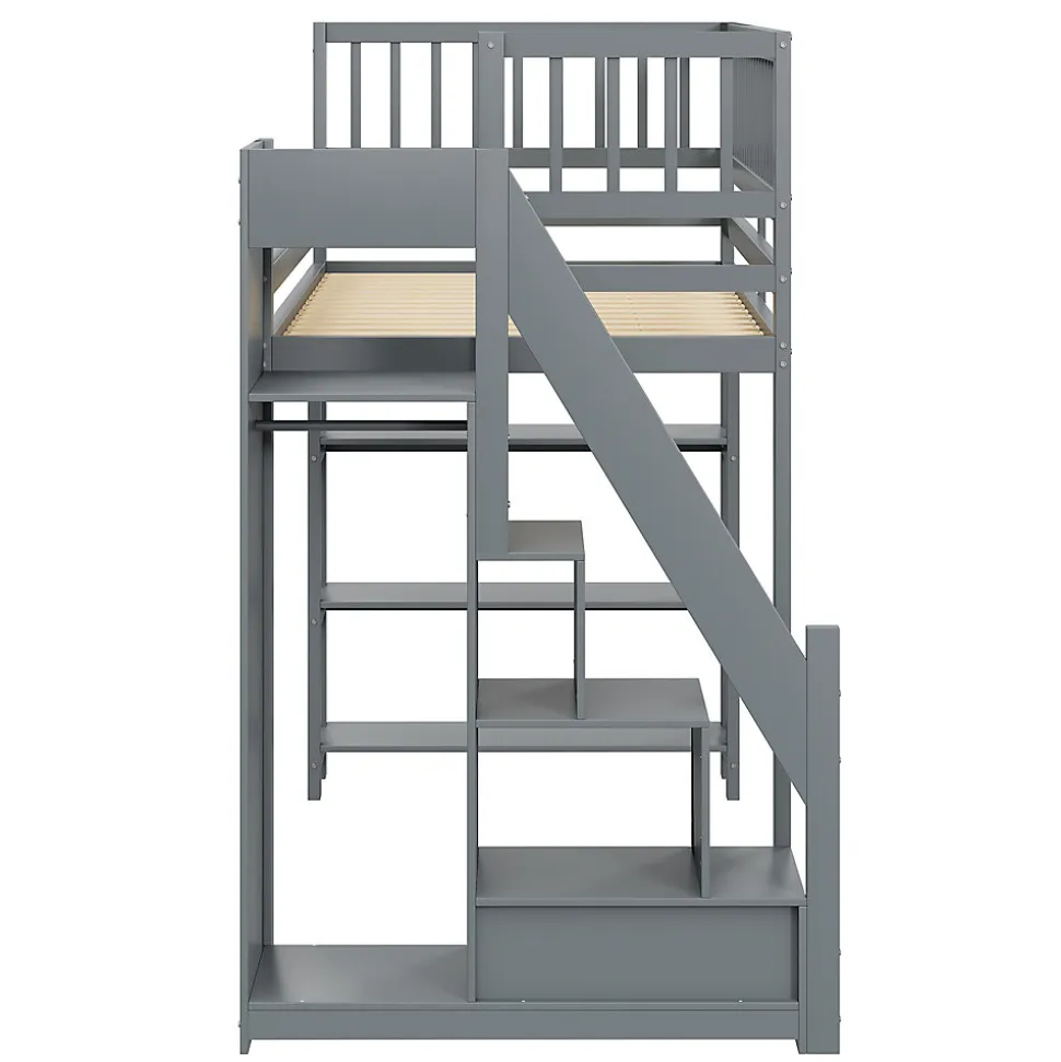 Lit mezzanine 90x200 cm simple avec rangement, escalier sécurisé, placard et étagères, bois massif et MDF gris sans matelas
