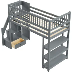 Lit mezzanine 90x200 cm simple avec rangement, escalier sécurisé, placard et étagères, bois massif et MDF gris sans matelas