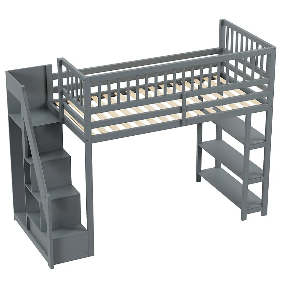 Lit mezzanine 90x200 cm simple avec rangement, escalier sécurisé, placard et étagères, bois massif et MDF gris sans matelas