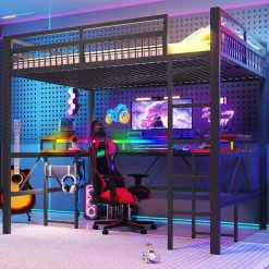 Lit Mezzanine 140x200 cm-Bureau Intégré, Éclairage LED Réglable et Panneau Perforé, Ports USB, Type-C et 2 Prises - Métal/MDF Noir